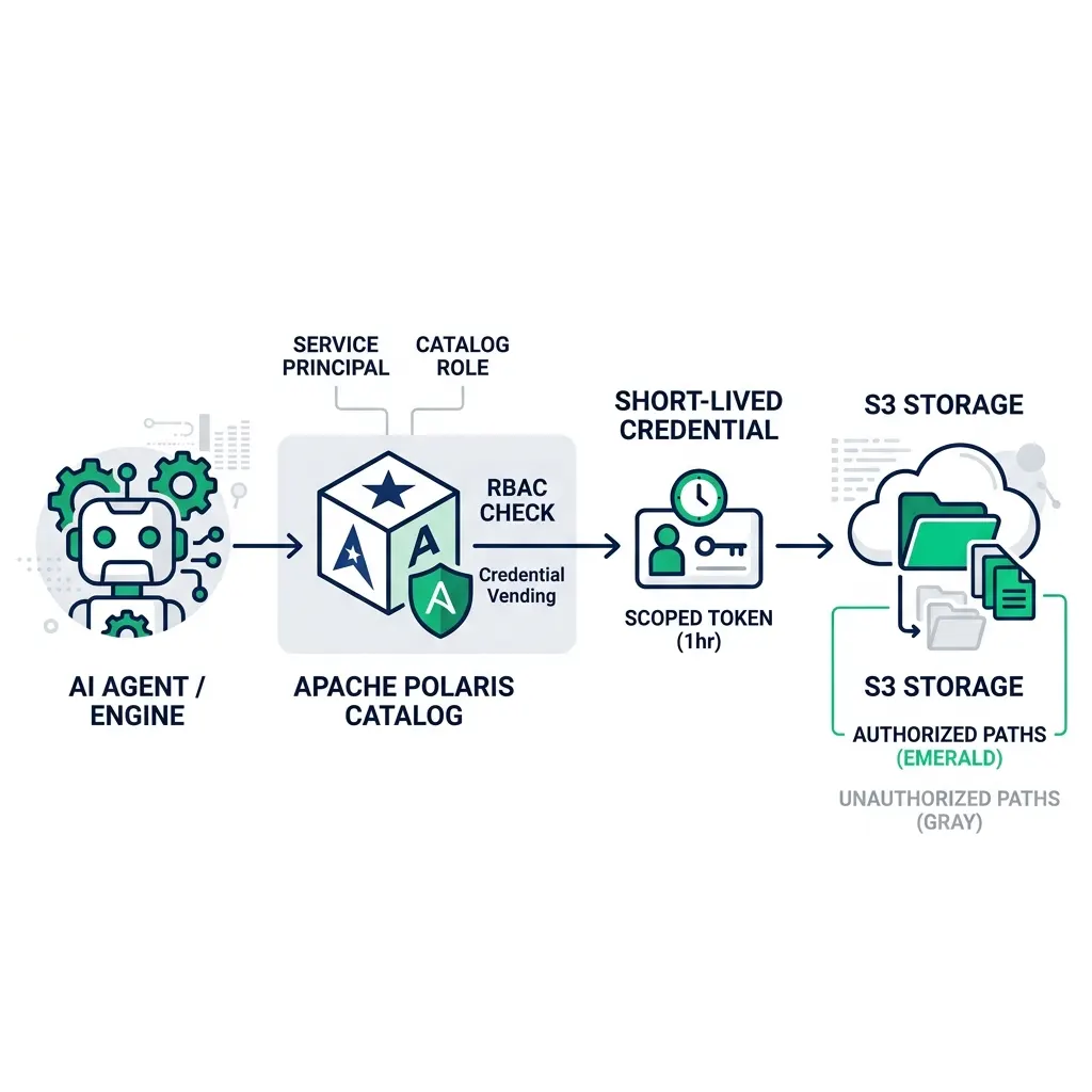 Apache Polaris credential vending and access control flow