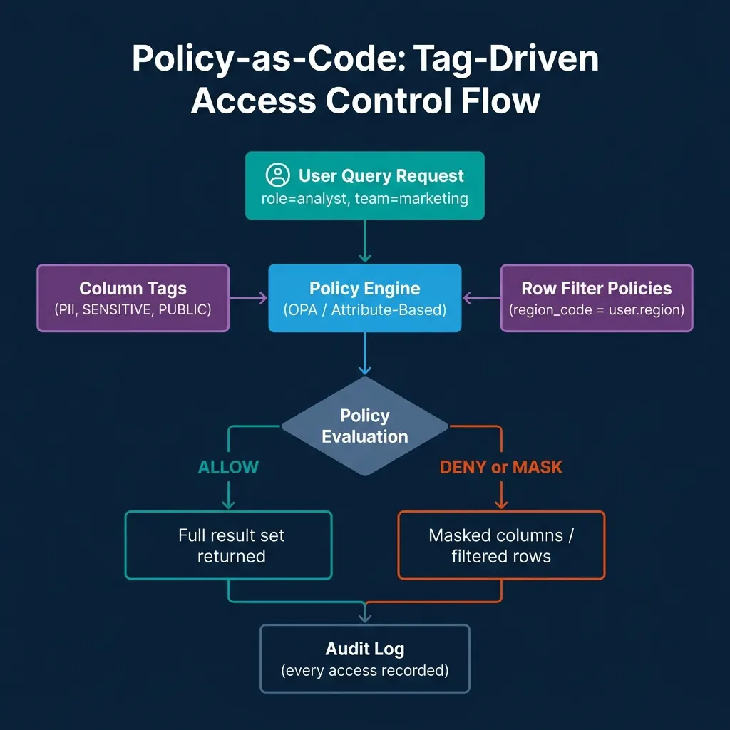 Policy-as-code tag-driven access control flow showing user query request flowing through policy engine consulting column tags and row filter policies, evaluating to allow (full result) or deny/mask, with audit log