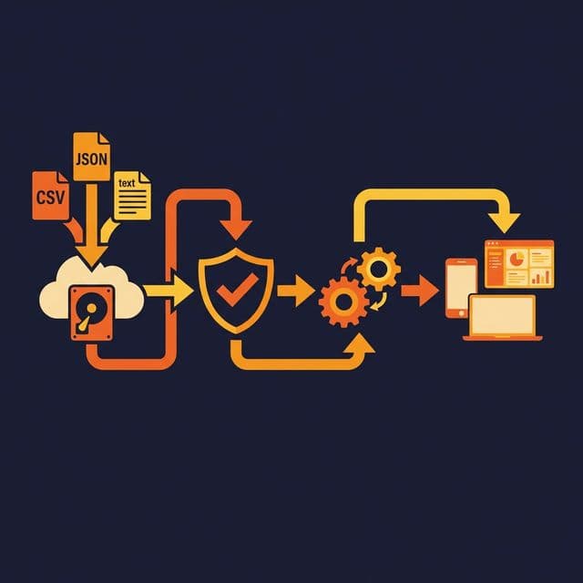 Stages: ingest raw data, validate in staging, apply business logic, serve to consumers